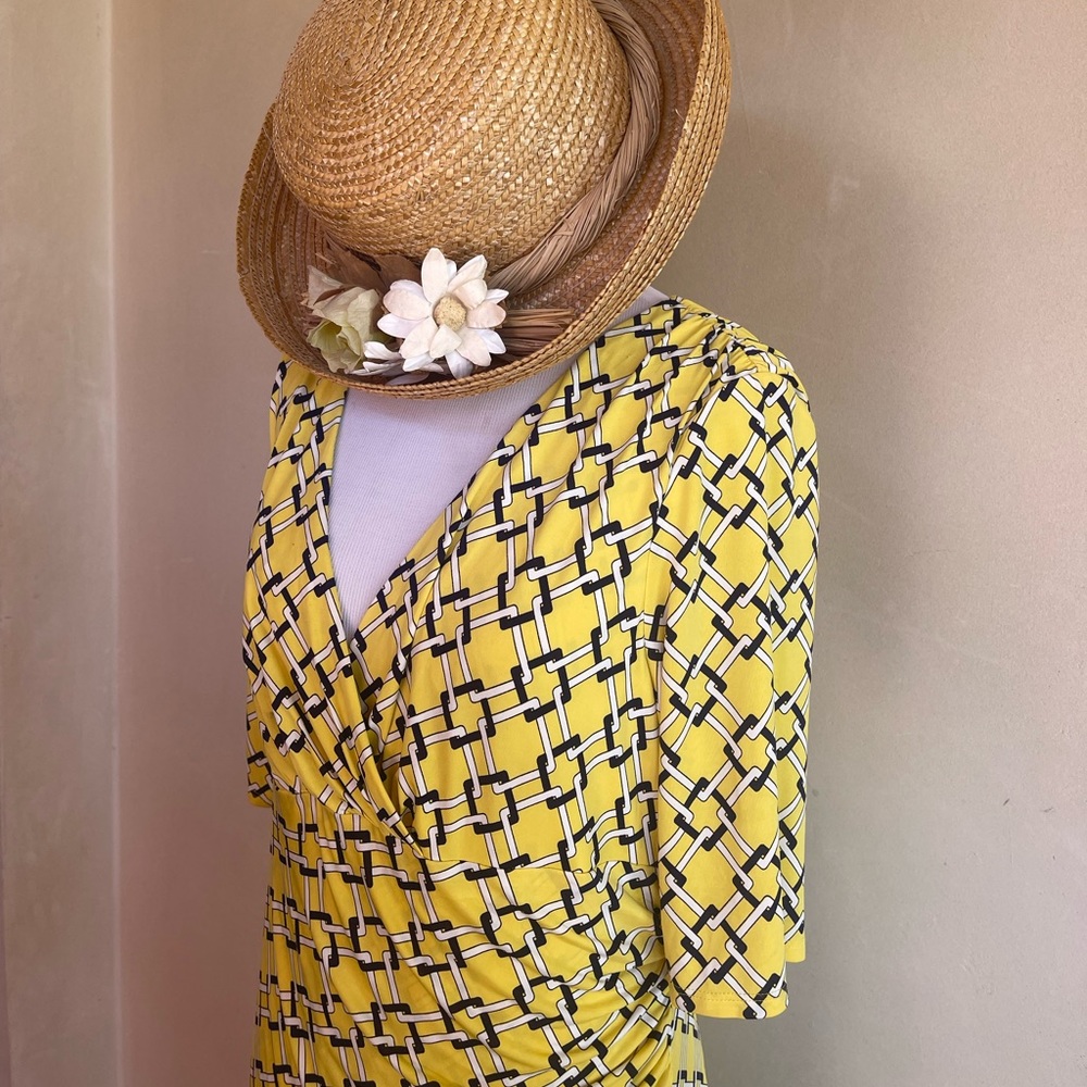 RALPH LAUREN Bright Buttery Yellow Comfy Stretch Jersey Dress Abstract Design 12